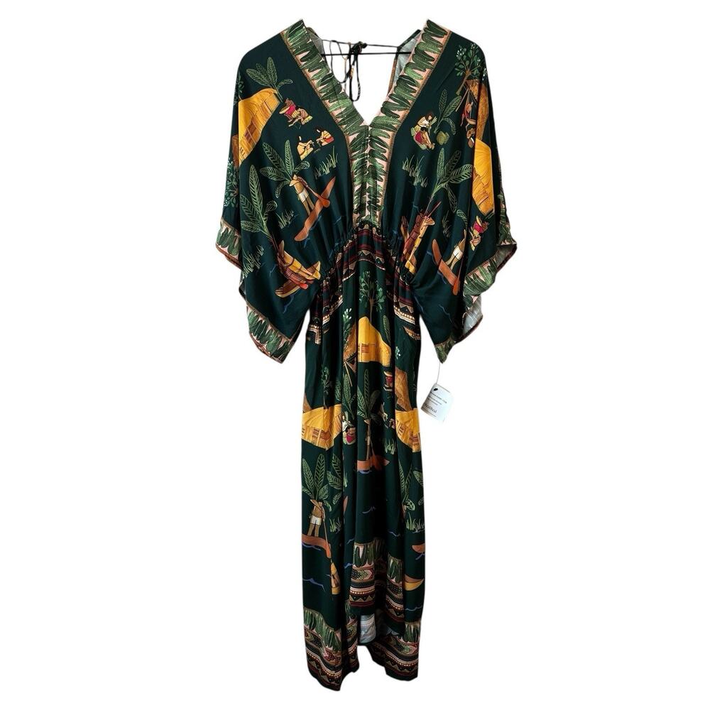 Farm‎ Rio Womens Dress Green Medium Yawanawa Indigenous Hut Print Rare Viscose - Picture 2 of 15